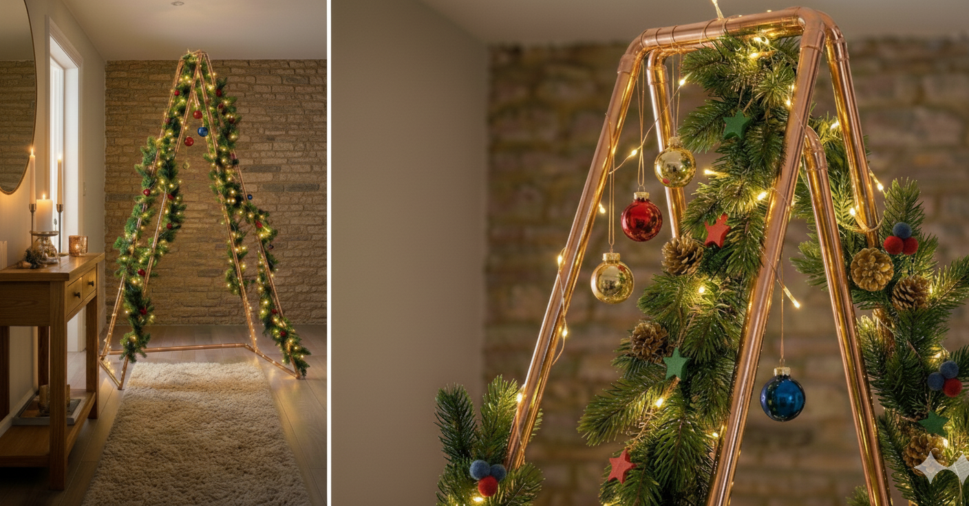 Brad DIY de Craciun din tevi de cupru, decorat cu luminite si ghirlande verzi