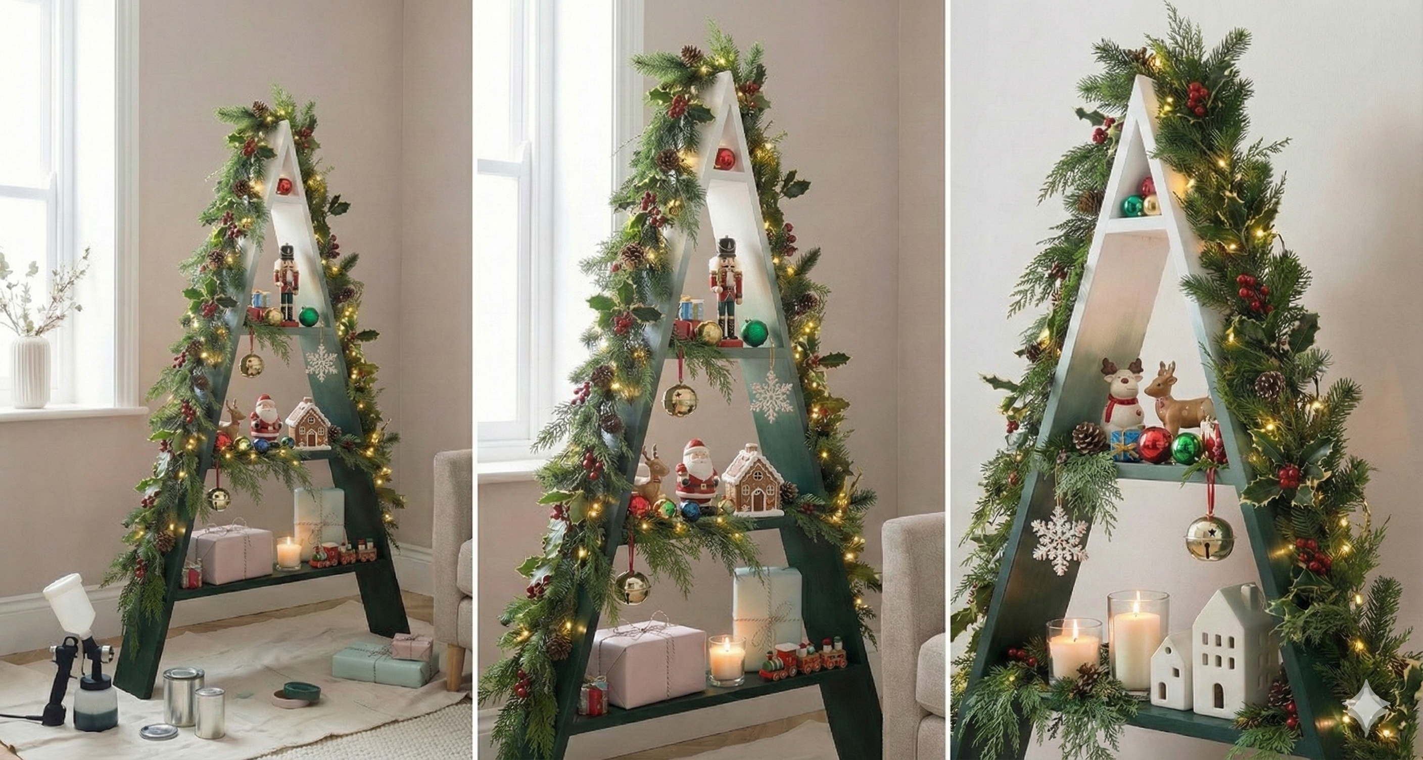 Brad de Craciun DIY sub forma de rafturi in forma de A, cu decoratiuni