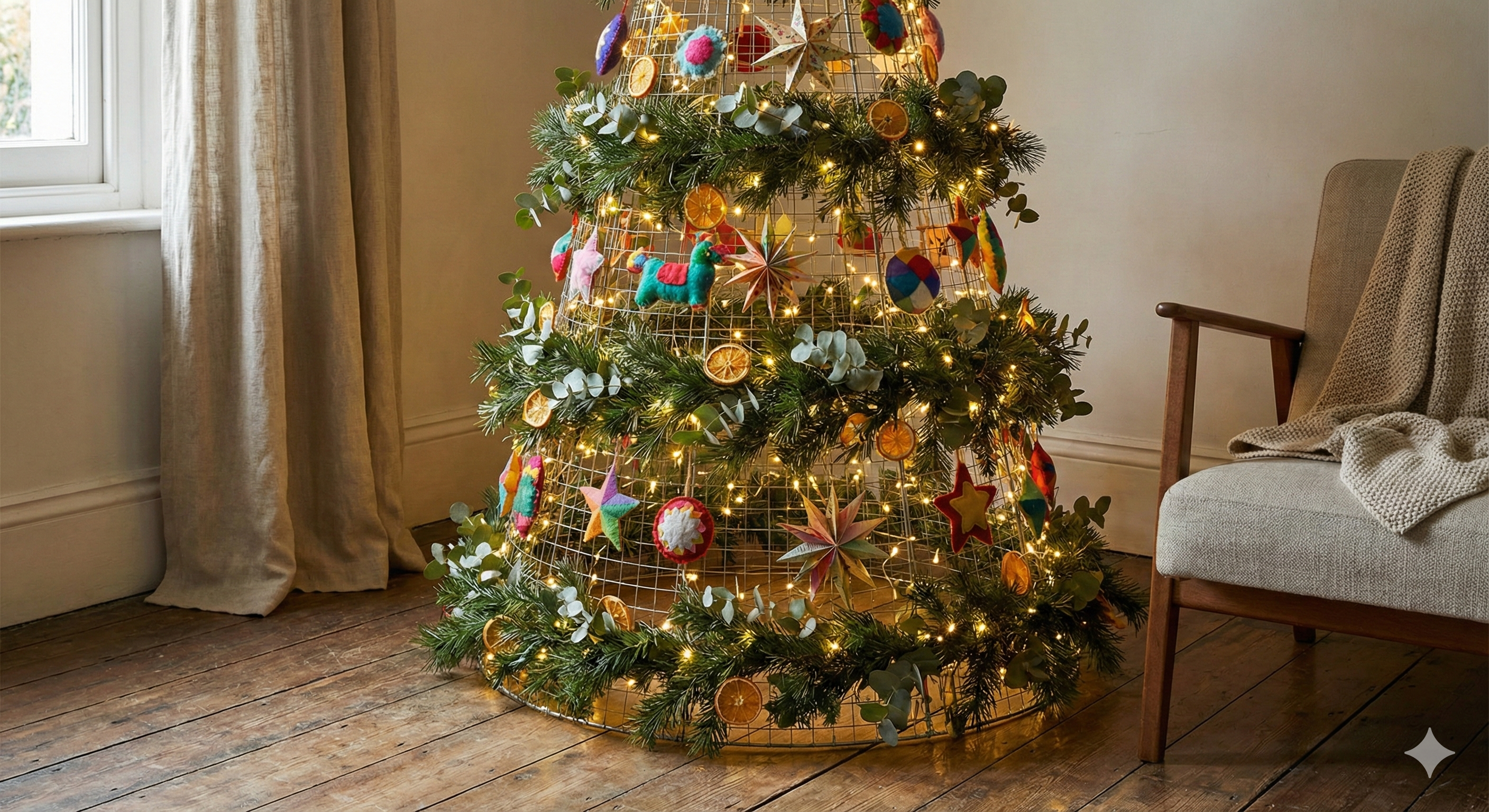 Brad DIY de Craciun, din plasa metalica de gard, cu ghirlande si decoratiuni