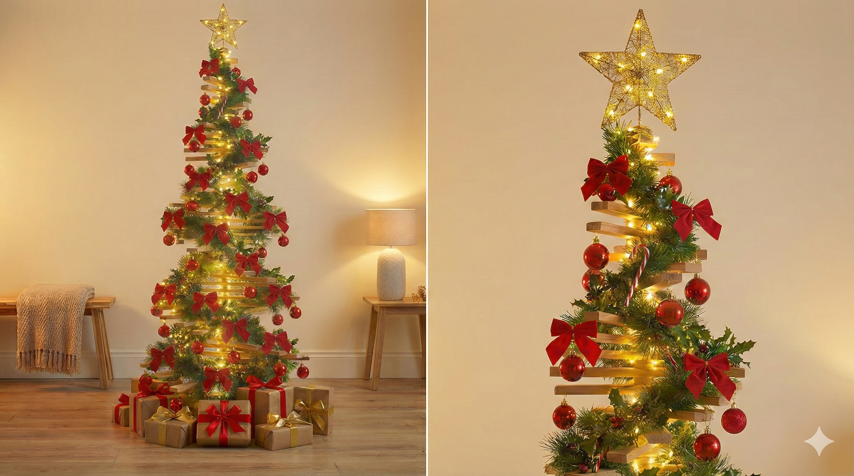 Brad DIY de Craciun din lamele de lemn, cu globuri si luminite